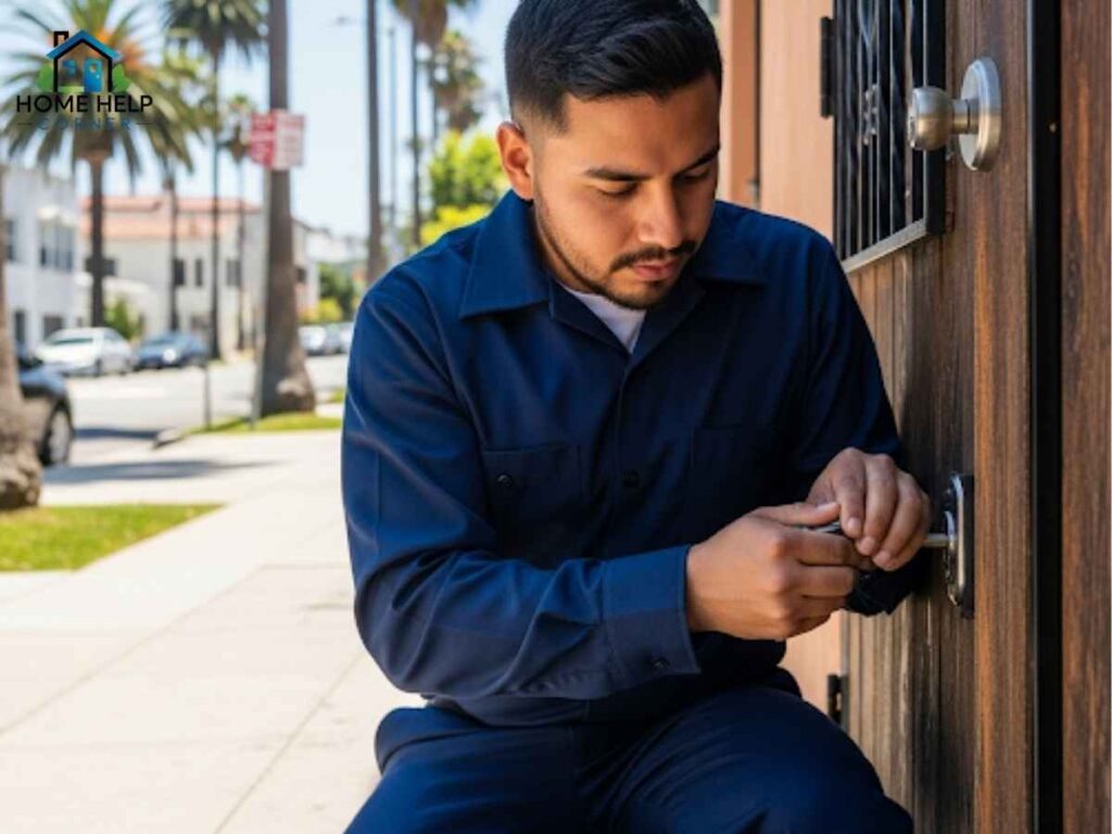 Professional locksmith unlocking a door in a Los Angeles neighborhood