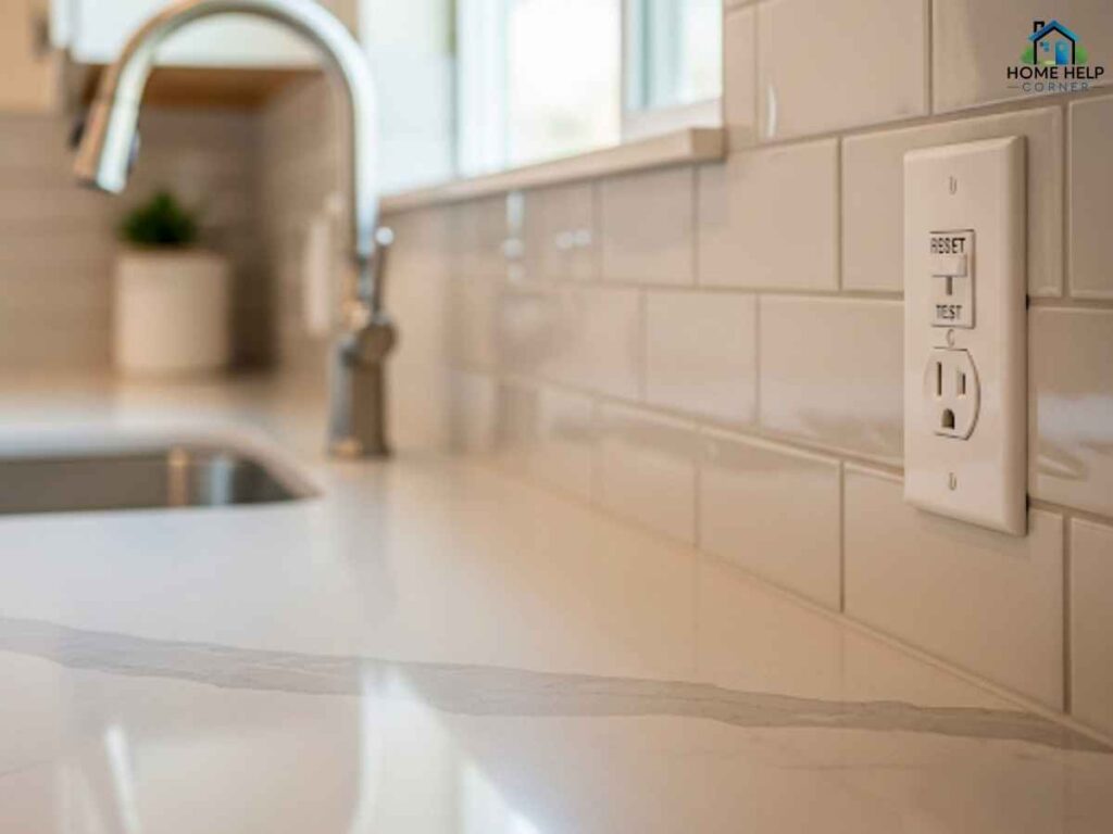 Close-up of GFCI outlet in Los Angeles home’s kitchen near sink area