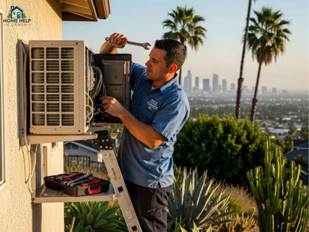 Technician repairing air conditioning unit in Los Angeles home during summer heatwave