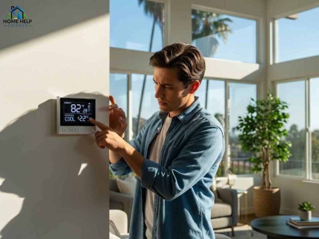 Homeowner checking thermostat for air conditioning troubleshooting in Los Angeles