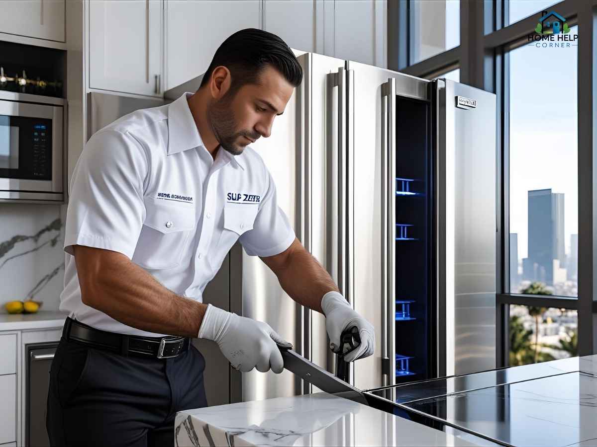 Certified technician repairing Sub-Zero refrigerator in Los Angeles luxury kitchen