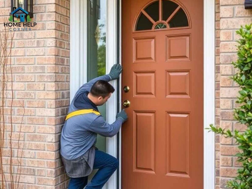 Technician installing Elk Grove winter door seal at Los Angeles home entrance