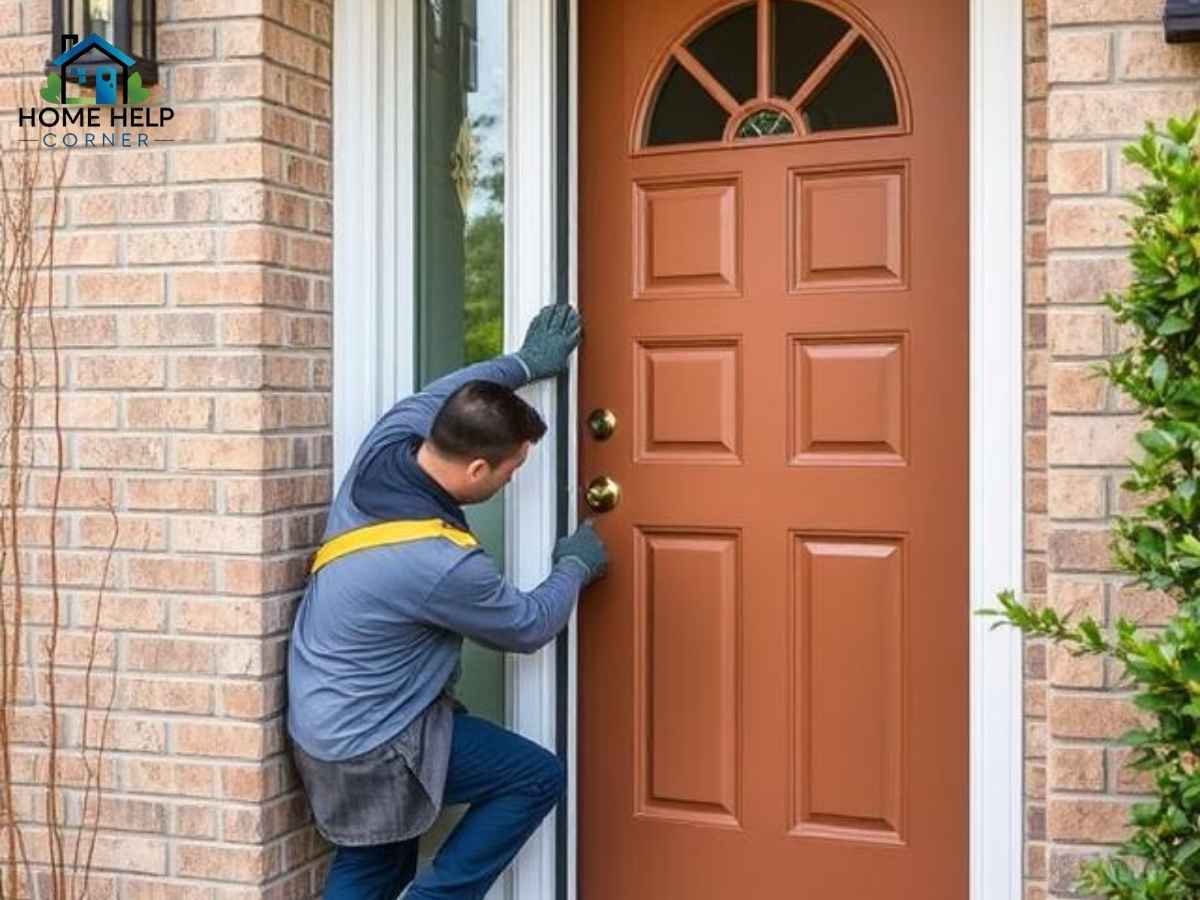 Technician installing Elk Grove winter door seal at Los Angeles home entrance