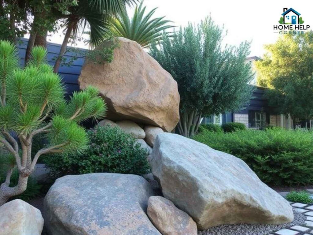 Natural landscape boulders in a Los Angeles Pocket-Greenhaven garden