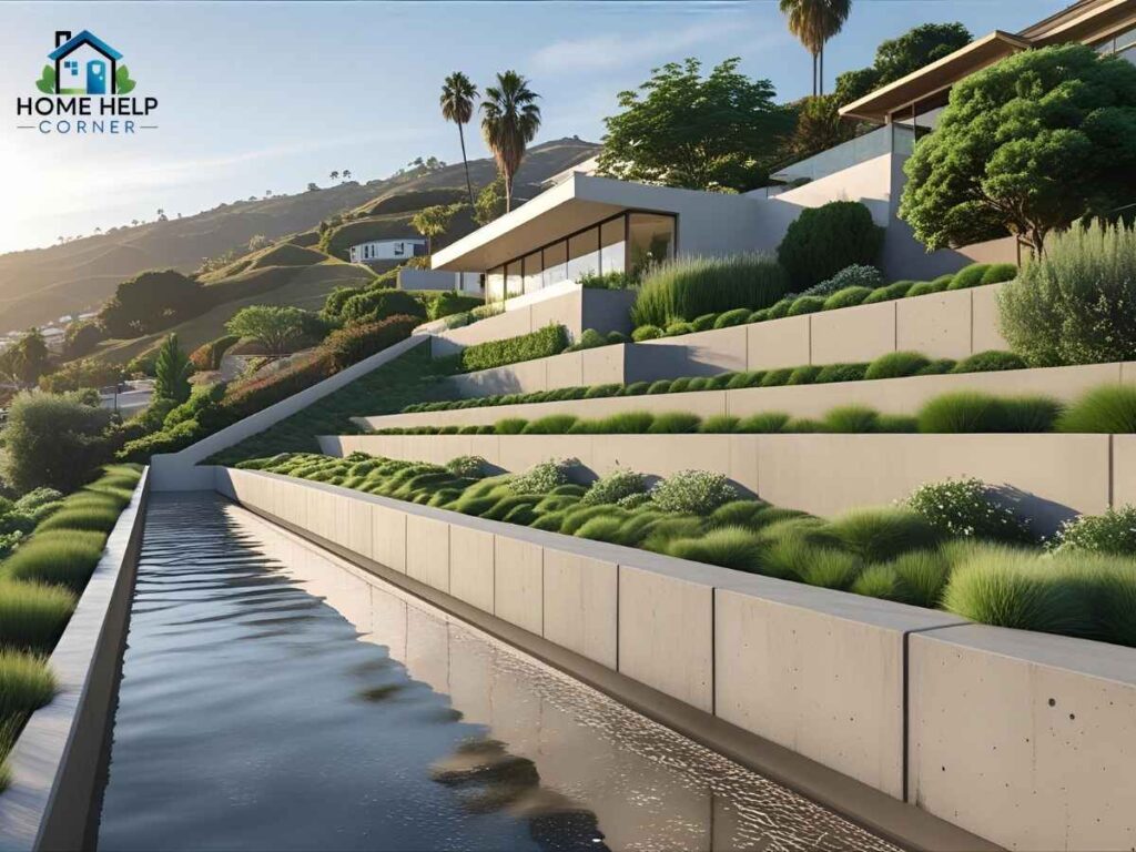 Lake Merced Moat-Style Retaining Wall Builds in Los Angeles 2 Custom concrete moat-style retaining wall design in a Los Angeles hillside neighborhood