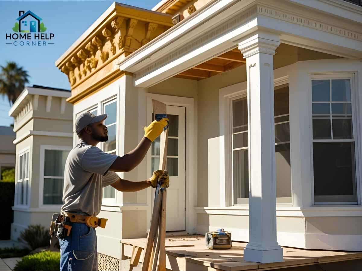Carpenter restoring Fresno bungalow facade in Los Angeles sunlight