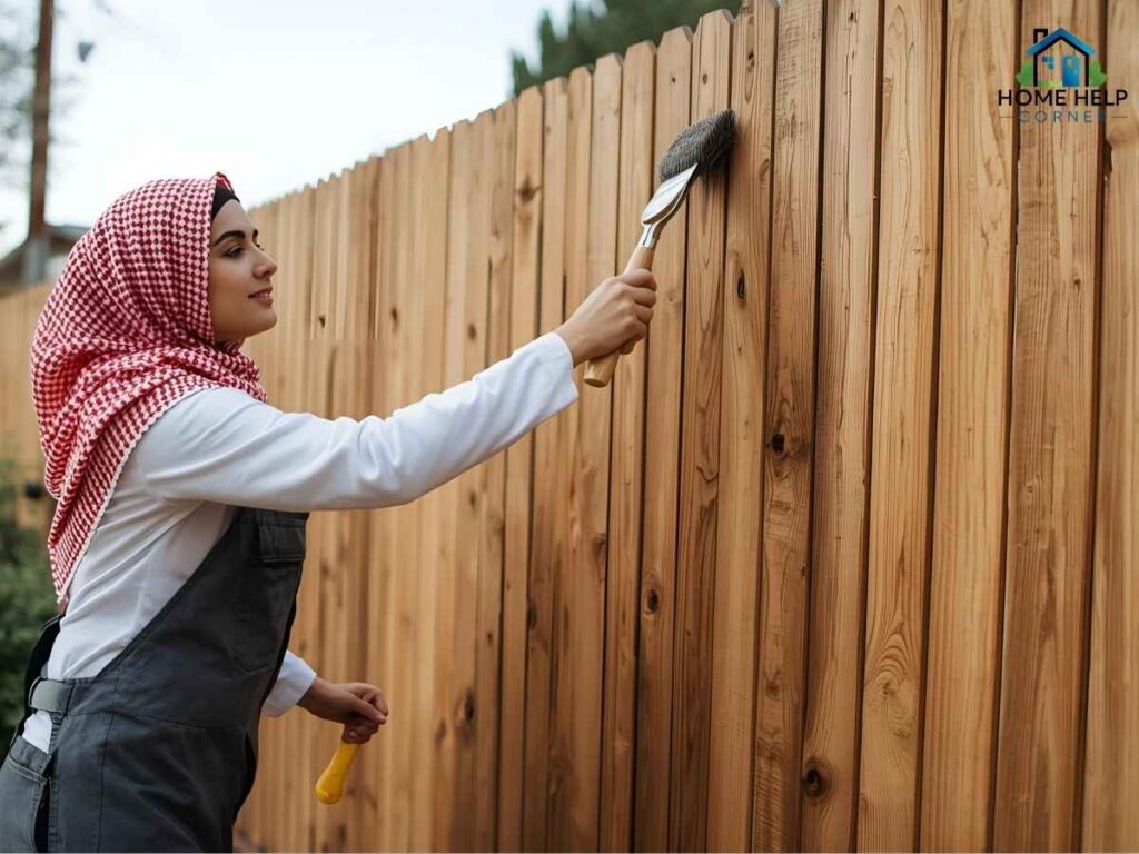 Professional applying fence stain on wooden fence in Los Angeles neighborhood