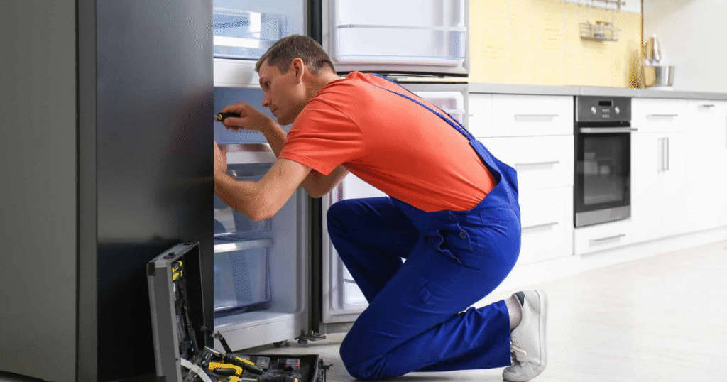 Technician repairing LG refrigerator leaking 247 Westwood Los Angeles kitchen